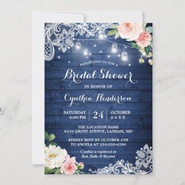 Classic Blue Mason Jar Lights Floral Bridal Shower Invitations