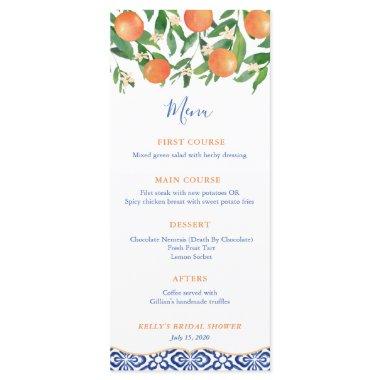Classic Blue Tiles Citrus Oranges Wedding Shower Menu