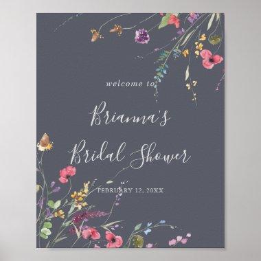 Classic Blue Wild Floral Bridal Shower Welcome  Poster