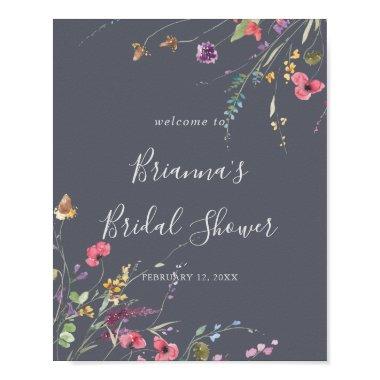 Classic Blue Wild Floral Bridal Shower Welcome  Poster