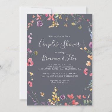 Classic Blue Wild Floral Couples Shower Invitations