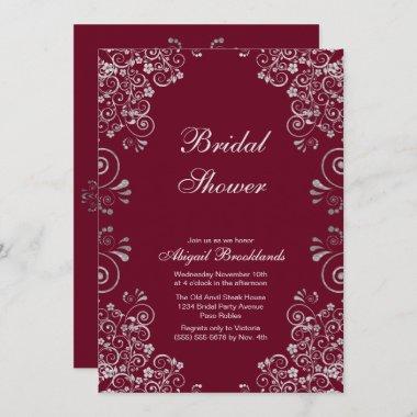 Classic Burgundy Silver Scrolls Bridal Shower Invitations