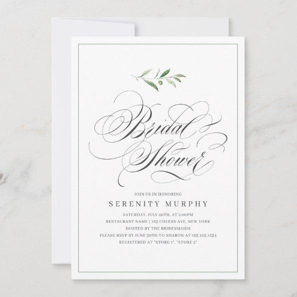 Classic Elegance Script Greenery Bridal Shower Invitations