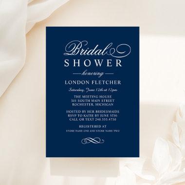 Classic Elegant Navy Blue Wedding Bridal Shower Invitations