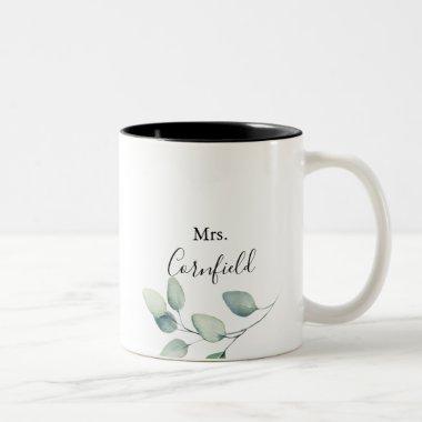 Classic Formal Green Leaves Mrs Newlywed Bride  Two-Tone Coffee Mug