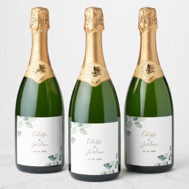 Classic Formal Green Leaves Wedding  Sparkling Wine Label