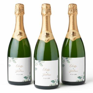 Classic Formal Green Leaves Wedding  Sparkling Wine Label