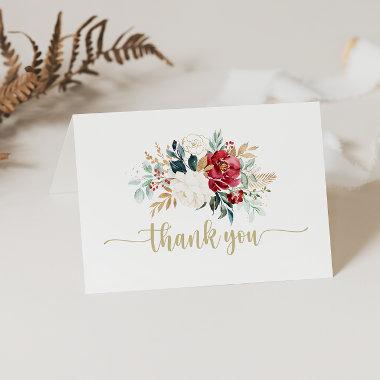 Classic Gold Burgundy White Floral Folded Wedding Thank You Invitations