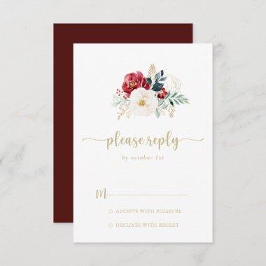 Classic Gold Burgundy White Floral RSVP