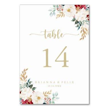 Classic Gold Burgundy White Floral Wedding Table Number