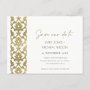 CLASSIC GOLD DAMASK FLORAL PATTERN SAVE THE DATE ANNOUNCEMENT POSTInvitations