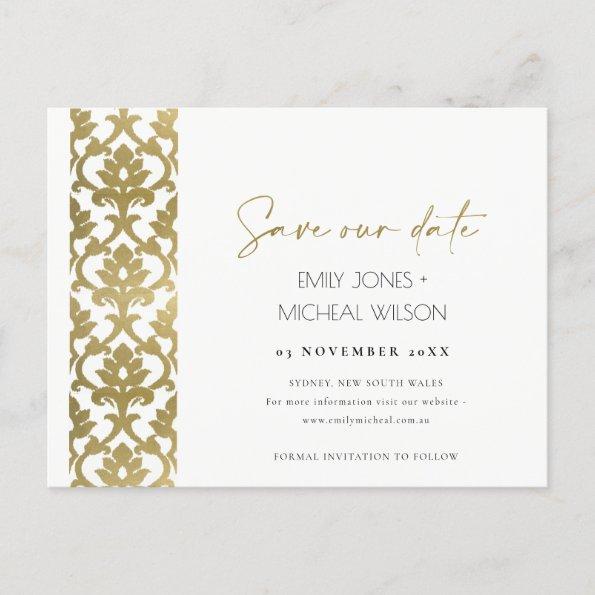 CLASSIC GOLD DAMASK FLORAL PATTERN SAVE THE DATE ANNOUNCEMENT POSTInvitations