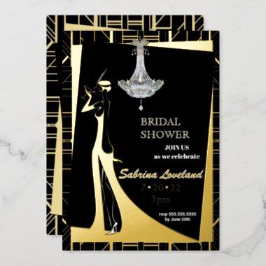 Classic GOLD Gatsby Flapper Bridal Shower Foil Invitations