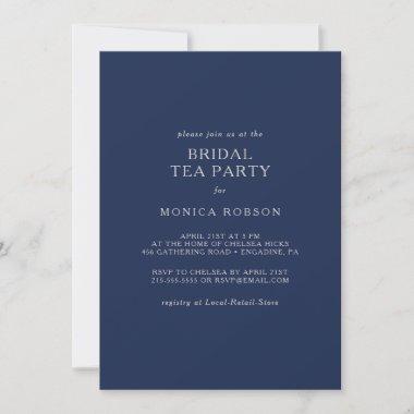 Classic Minimal Navy Blue Silver Bridal Tea Party Invitations