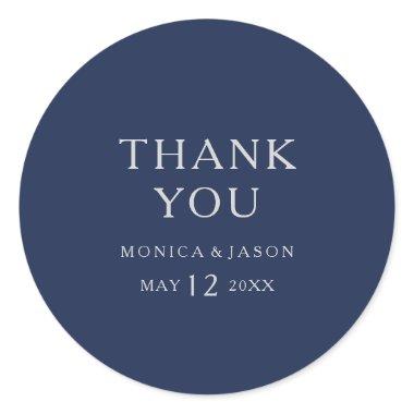 Classic Minimal Navy Blue Silver Thank You Wedding Classic Round Sticker