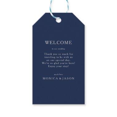 Classic Minimal Navy Blue Silver Wedding Welcome Gift Tags