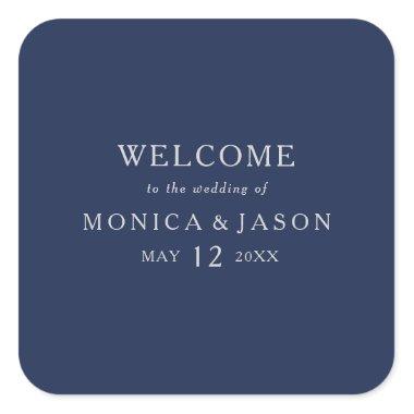 Classic Minimal Navy Blue | Silver Wedding Welcome Square Sticker