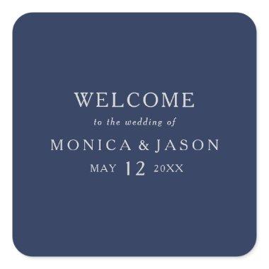 Classic Minimal Navy Blue | Silver Wedding Welcome Square Sticker