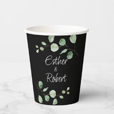 Classic Minimalist Eucalyptus Black Wedding  Paper Cups