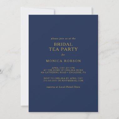 Classic Minimalist Navy Blue Gold Bridal Tea Party Invitations