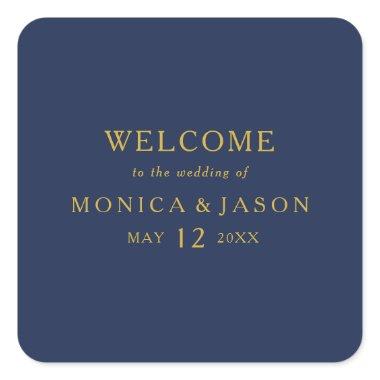 Classic Minimalist Navy Blue Gold Wedding Welcome Square Sticker