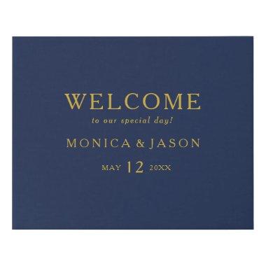 Classic Minimalist Navy Blue | Gold Welcome Faux Canvas Print