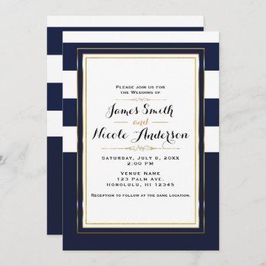 Classic Modern Elegant Blue & Gold Wedding Invitations
