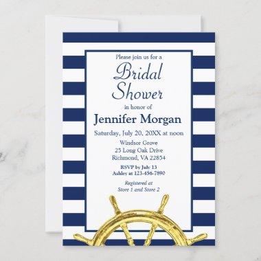 Classic Nautical Stripes Navy Gold Bridal Shower Invitations