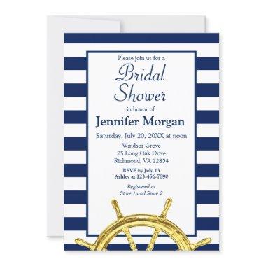 Classic Nautical Stripes Navy Gold Bridal Shower Invitations