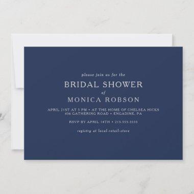 Classic Navy Blue Silver Horizontal Bridal Shower Invitations