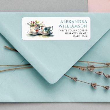 Classic Pastel Blue Tea Watercolor Name Address Label