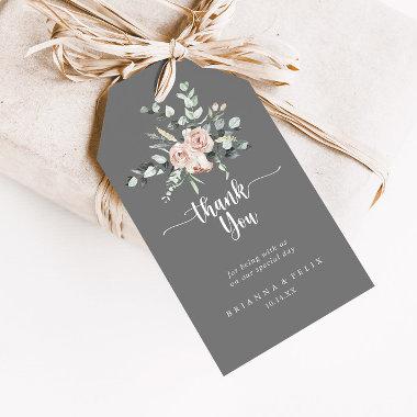 Classic Pink Rose Floral Gray Wedding Thank You  Gift Tags