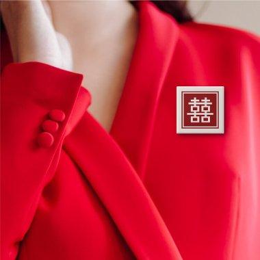 Classic Square Double Happiness Chinese Wedding Pinback Button