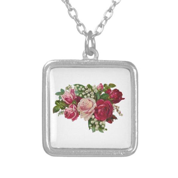 Classic Victorian Roses Lily of the Valley Romance Silver Plated Necklace