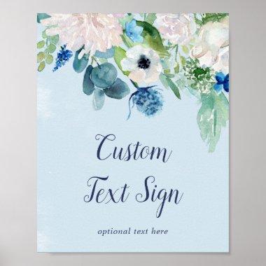 Classic White Flowers Blue Baby Shower Custom Text Poster