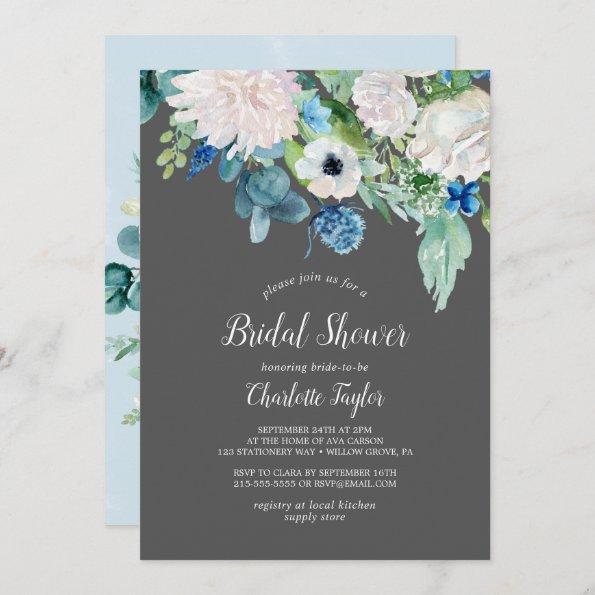 Classic White Flowers | Grey Bridal Shower Invitations