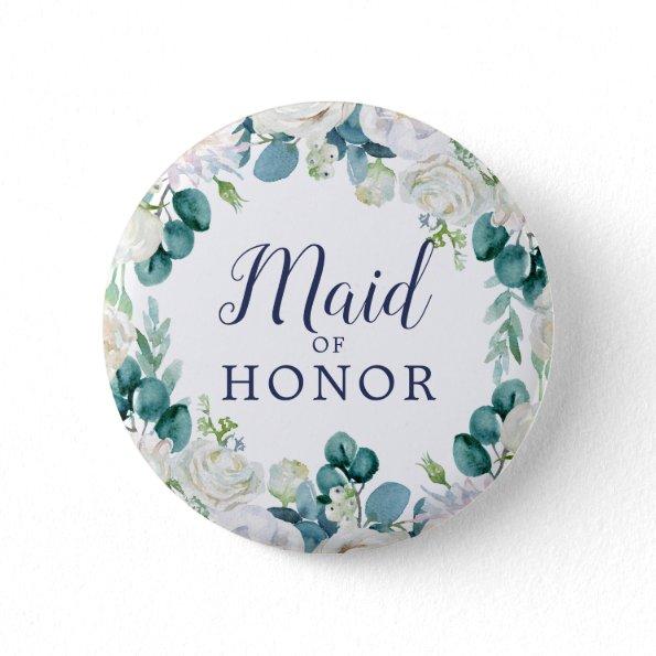 Classic White Flowers Maid of Honor Bridal Shower Button