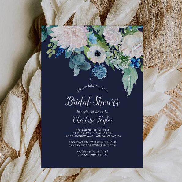 Classic White Flowers | Navy Bridal Shower Invitations