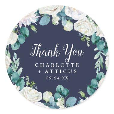 Classic White Flowers Navy Thank You Favor Sticker