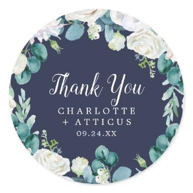 Classic White Flowers Navy Thank You Favor Sticker