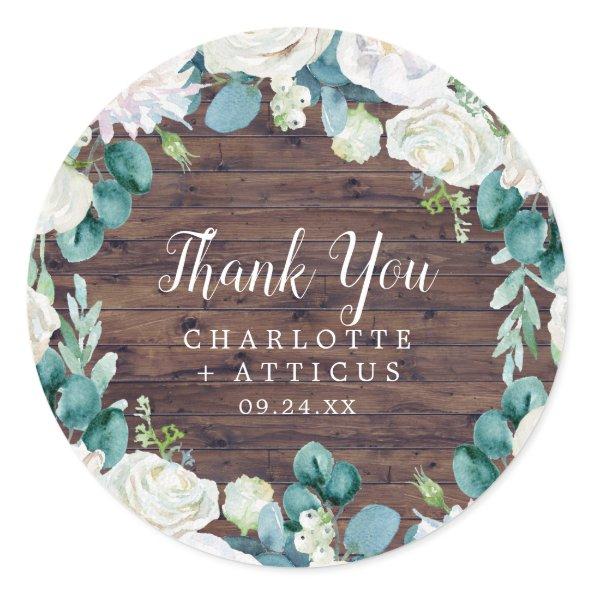 Classic White Flowers Rustic Thank You Favor Classic Round Sticker