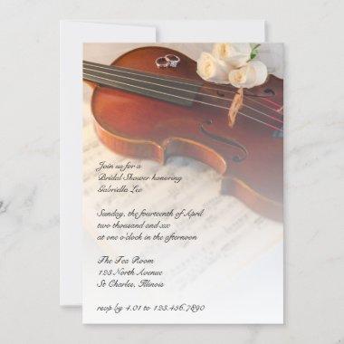 Classical Violin and White Roses Bridal Shower Invitations