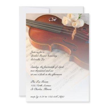 Classical Violin and White Roses Bridal Shower Invitations