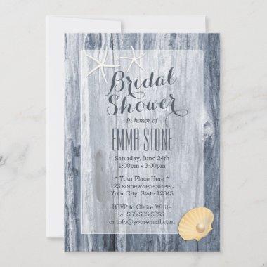 Classy Beach Theme Blue Driftwood Bridal Shower Invitations