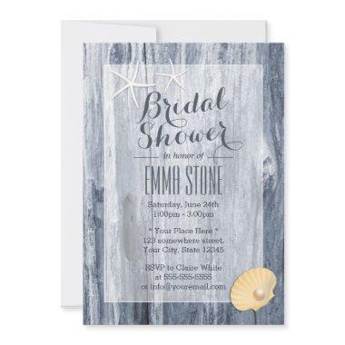 Classy Beach Theme Blue Driftwood Bridal Shower Invitations