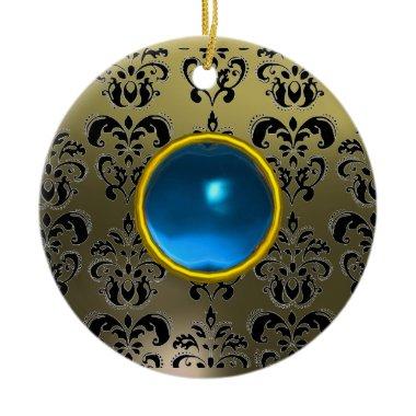 CLASSY BLACK GREY BLUE DAMASK GEM CERAMIC ORNAMENT