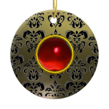 CLASSY BLACK GREY RED DAMASK AND RUBY GEM STONE CERAMIC ORNAMENT