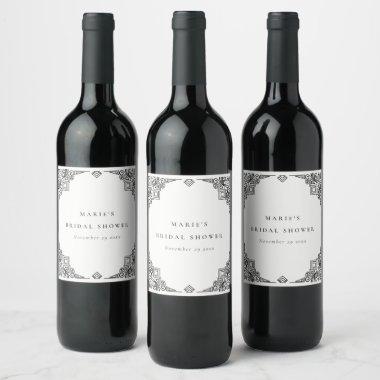 Classy Black White Art Deco Ornate Bridal Shower Wine Label