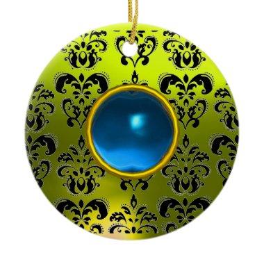 CLASSY BLACK YELLOW DAMASK GEM STONE CERAMIC ORNAMENT