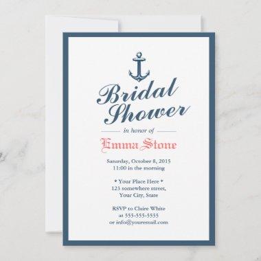 Classy Blue Border Nautical Anchor Bridal Shower Invitations
